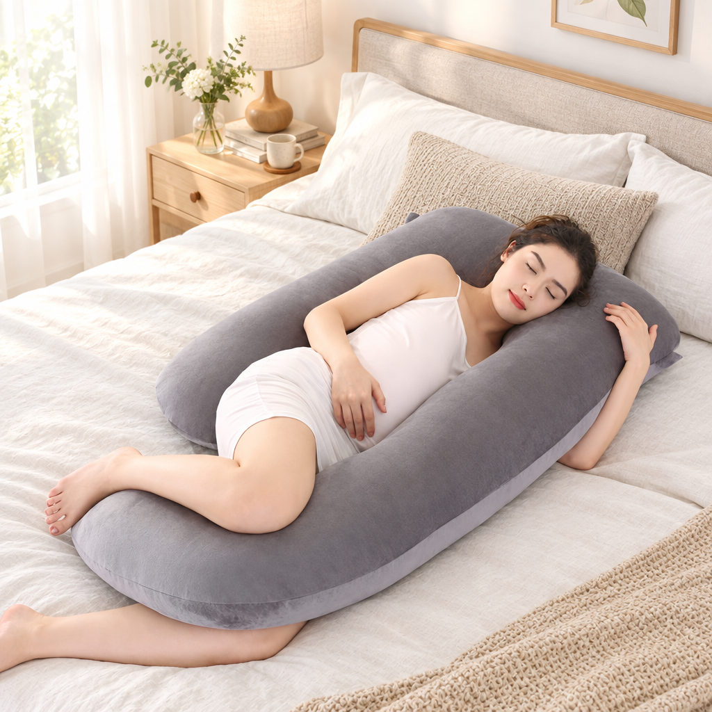 U-shaped pregnancy pillow on a made bed in a calm bedroom