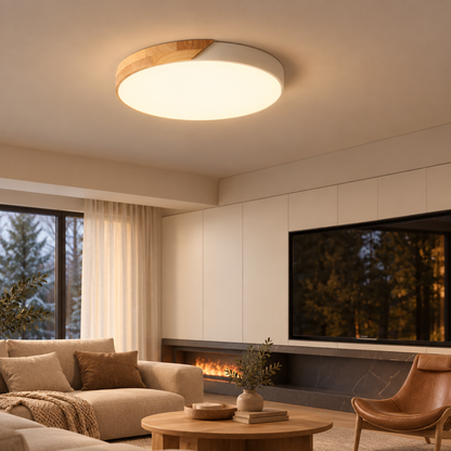 Nordic wooden LED ceiling light in a cozy living room