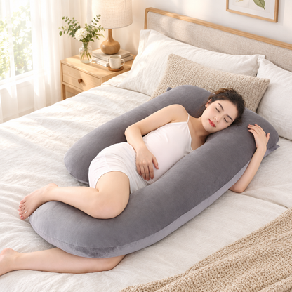 U-shaped pregnancy pillow on a made bed in a calm bedroom