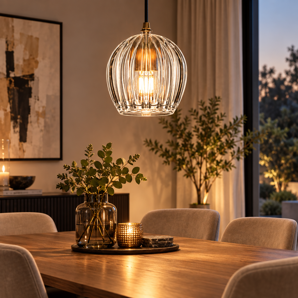 Modern glass pendant light above a dining table