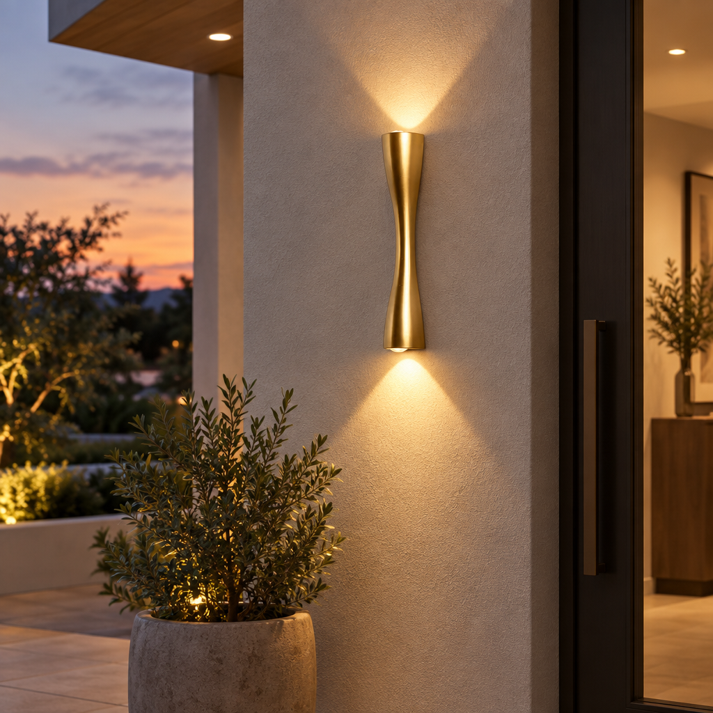 Gold up and down wall light mounted at an entrance