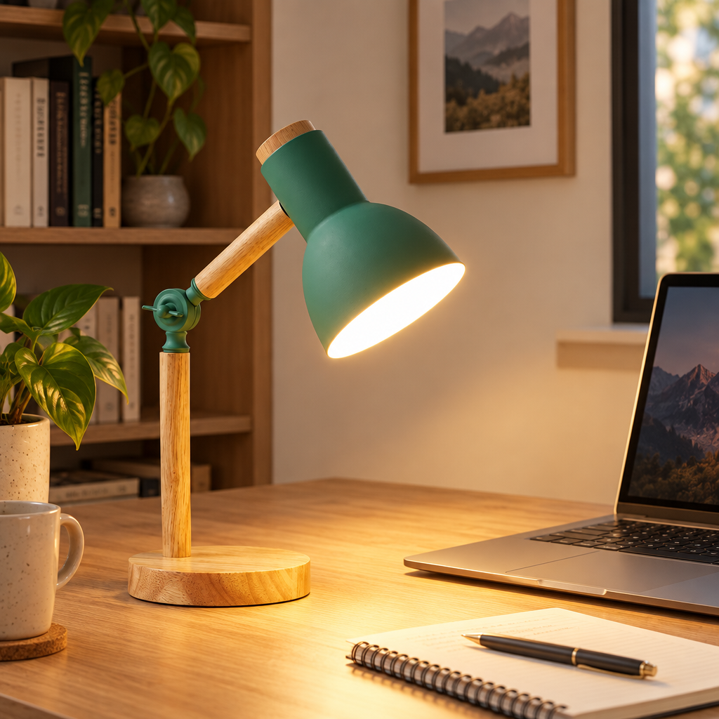 Nordic wooden desk lamp on a home office desk