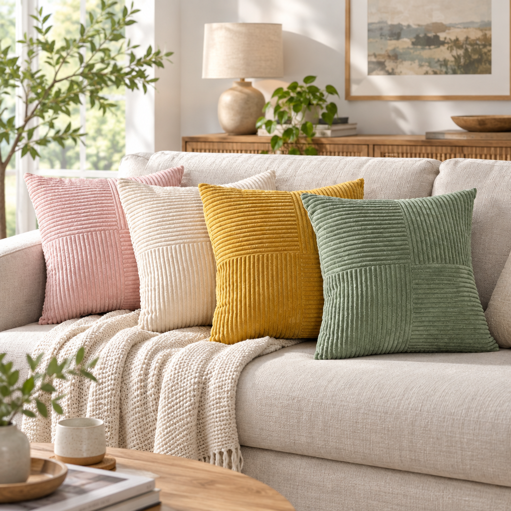 Corduroy striped cushion covers on a sofa