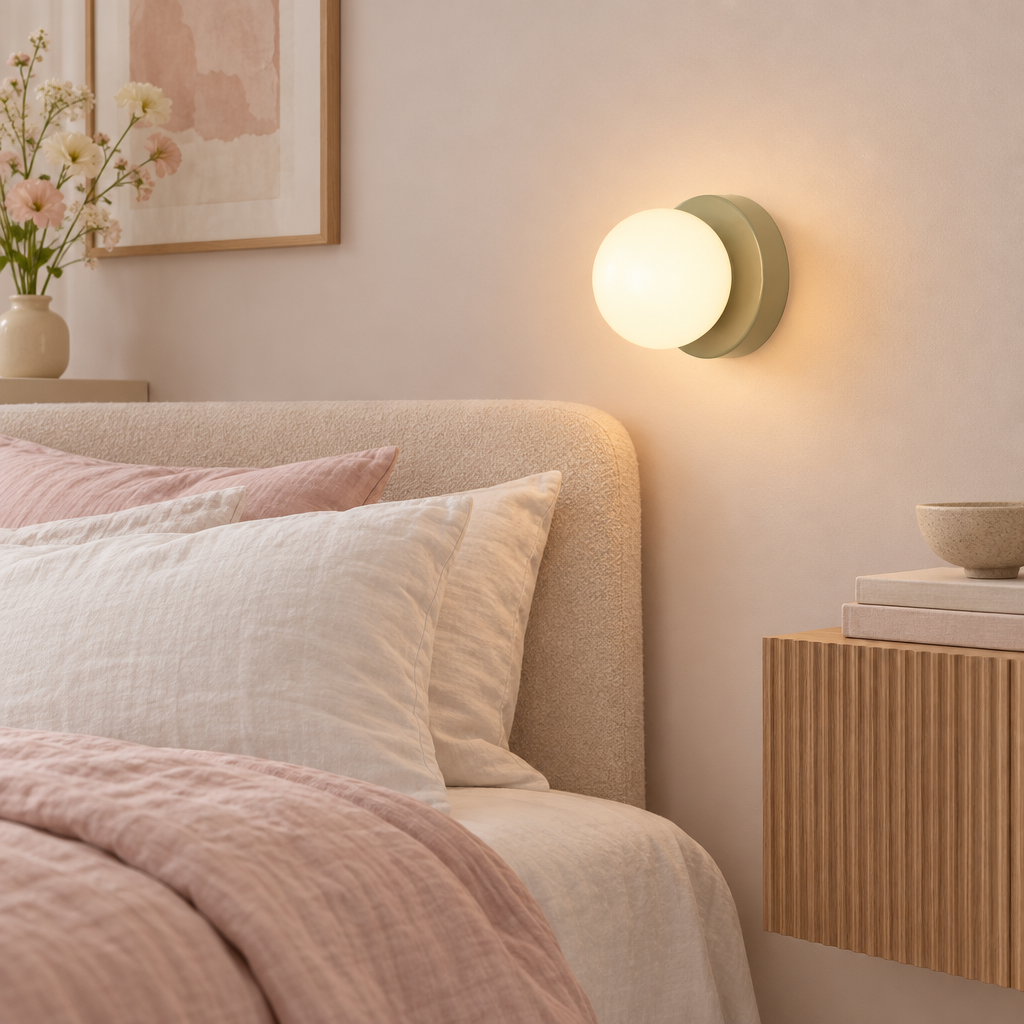 Macaron LED wall lamp beside a bed