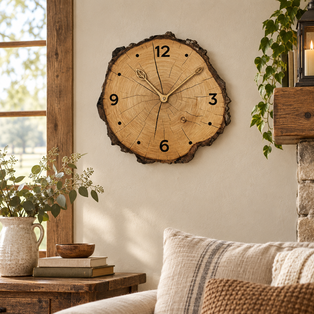 Rustic wood slice wall clock in a farmhouse living room