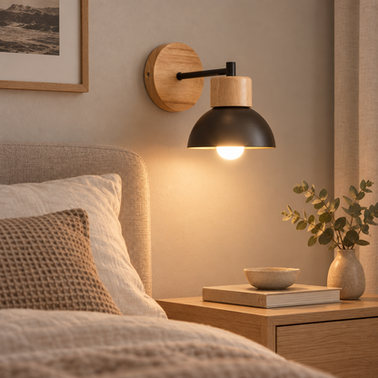 Wood and metal wall lamp beside a bed