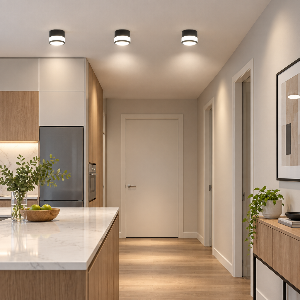 Surface mounted LED downlight in a modern hallway