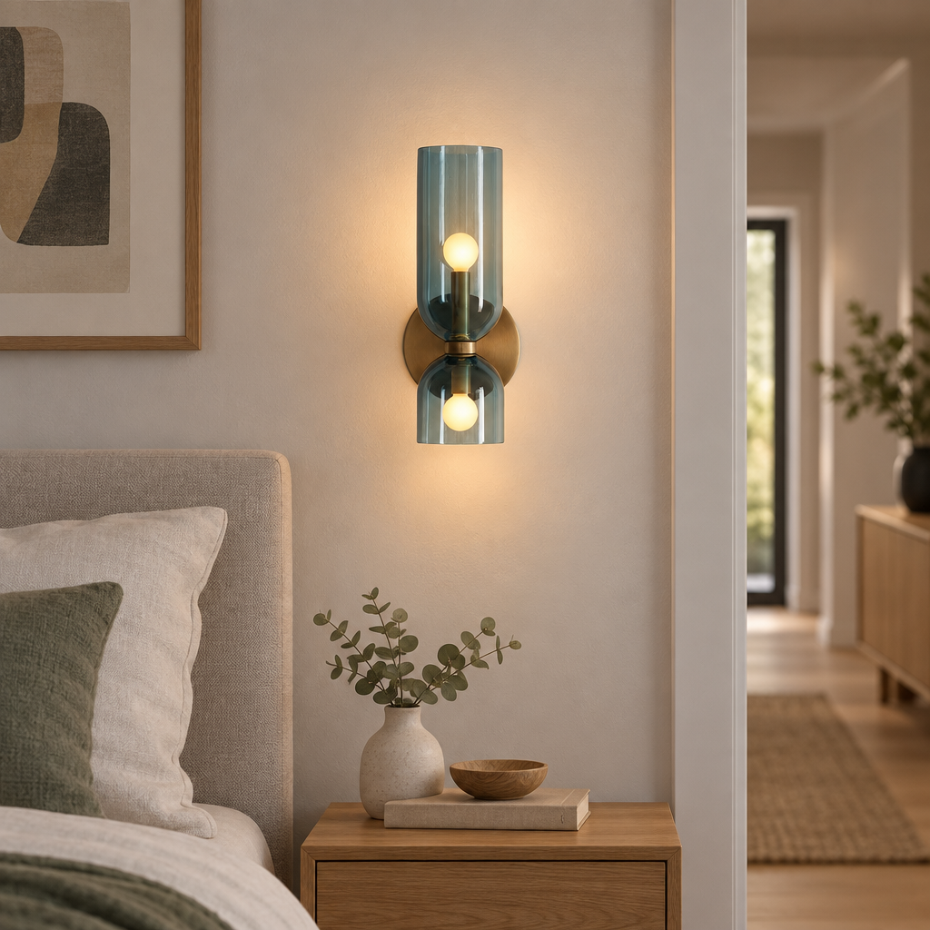 Nordic smoked glass tube wall lamp in a modern bedroom