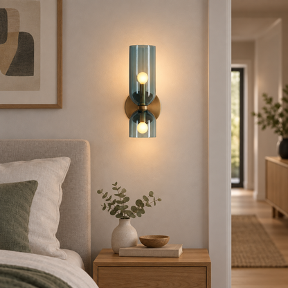 Nordic smoked glass tube wall lamp in a modern bedroom