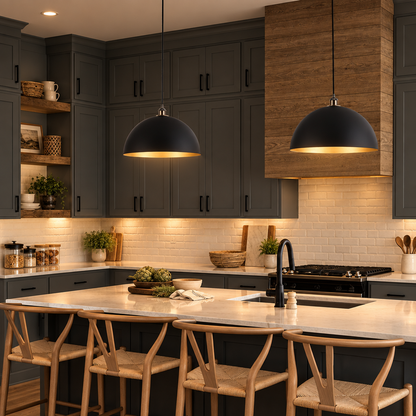 Vintage industrial dome pendant light over a kitchen island