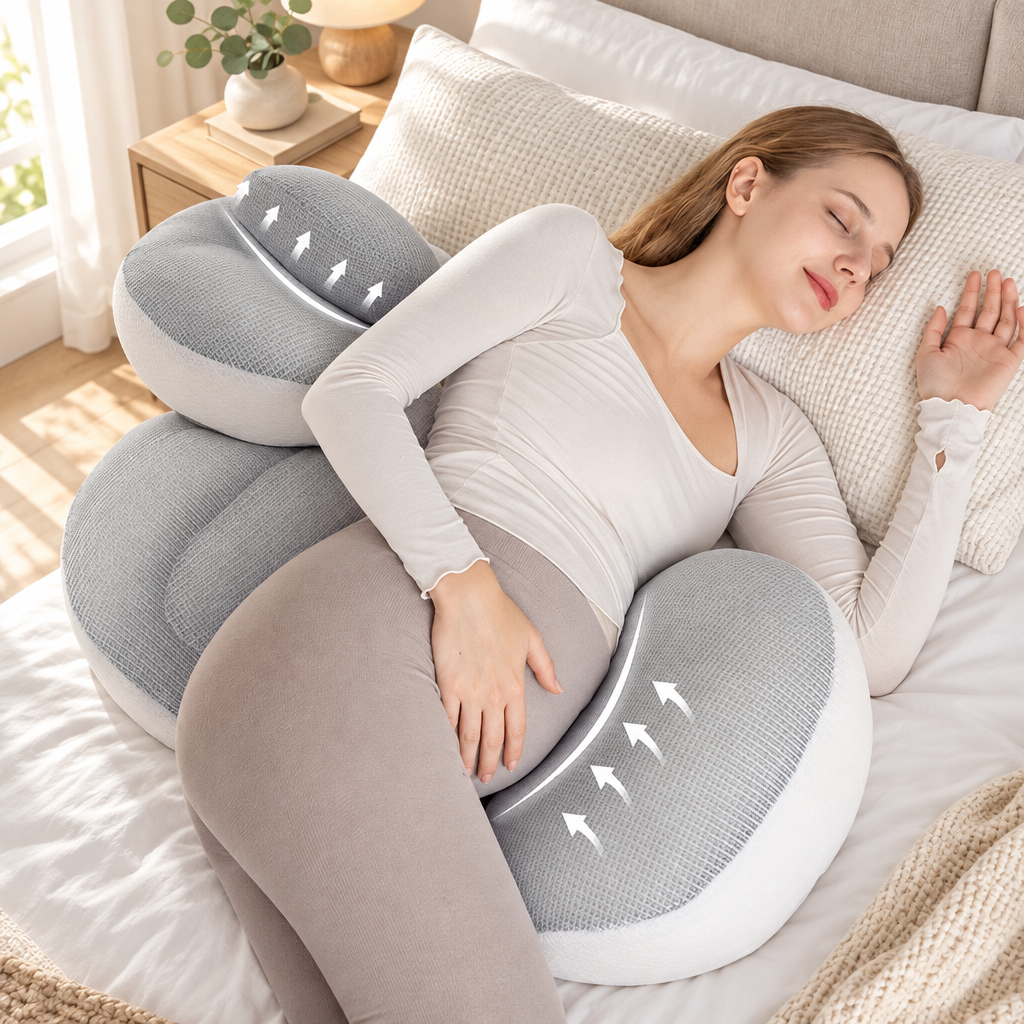 Adjustable maternity pillow on a made bed