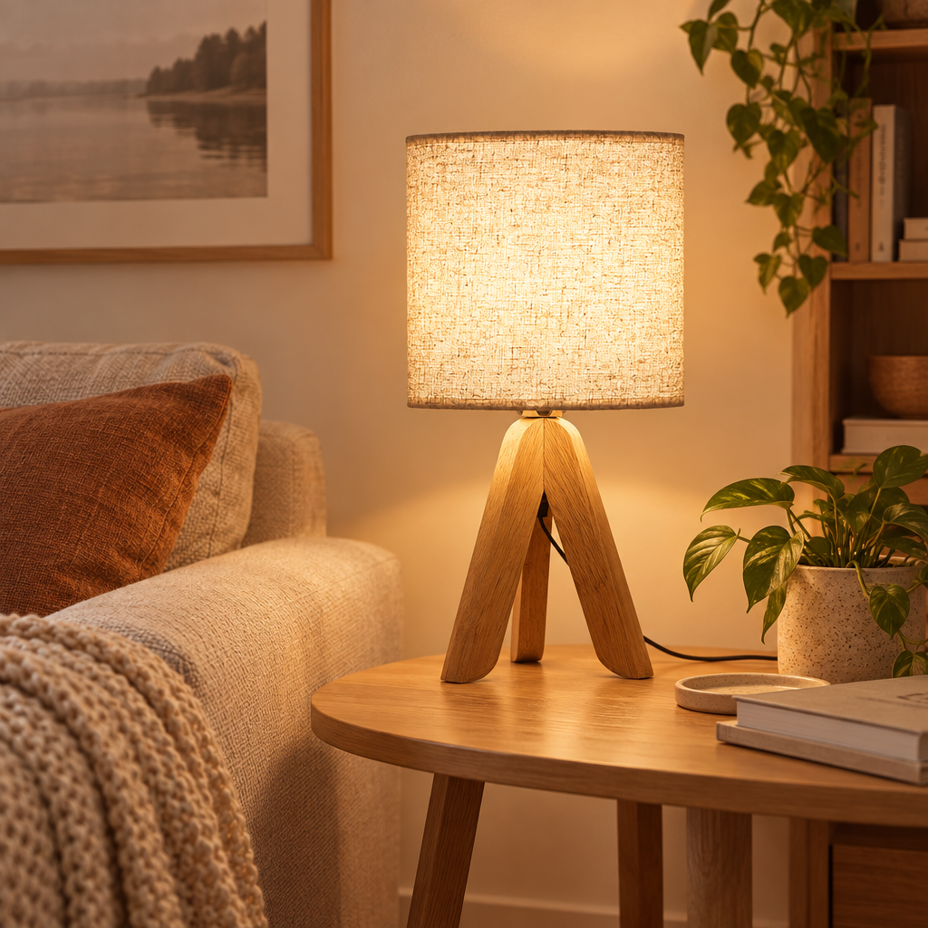 Nordic wooden tripod table lamp beside a sofa