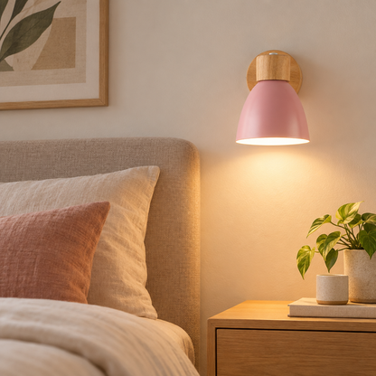 Wood and iron macaron wall sconce in a bedroom