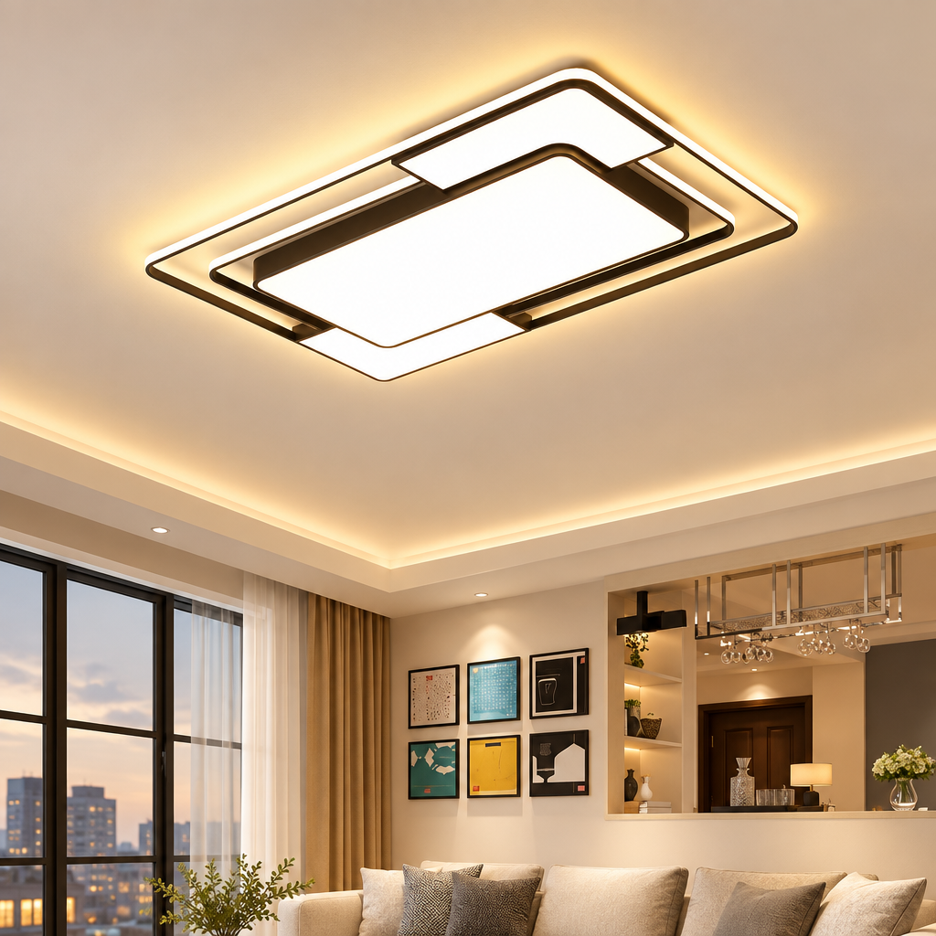 Geometric remote-controlled LED ceiling light in a living room