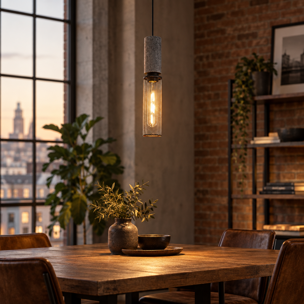 Urban concrete pendant light over an industrial-style dining table