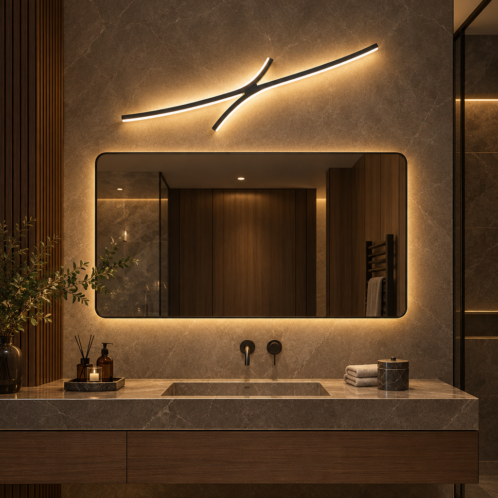 Linear LED wall light above a bathroom mirror