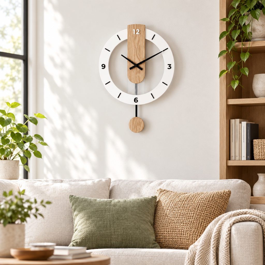 Minimalist pendulum wall clock above a sofa