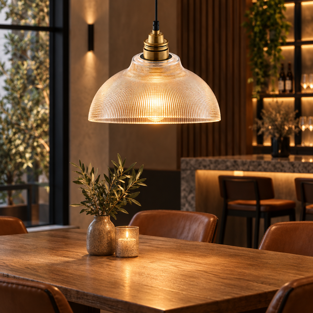 LumiVibe ribbed glass pendant light over a dining table