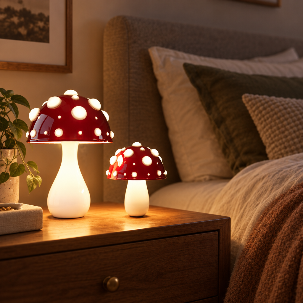 LED mushroom table lamp on a bedside table