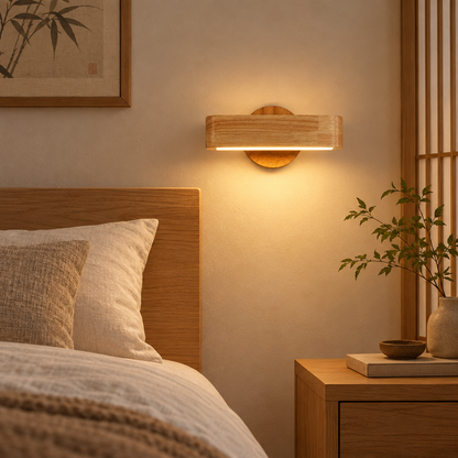 Rotating solid wood wall lamp beside a bed