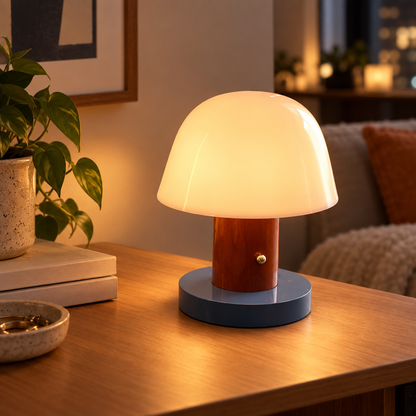 Rechargeable mushroom table lamp glowing in a cozy room