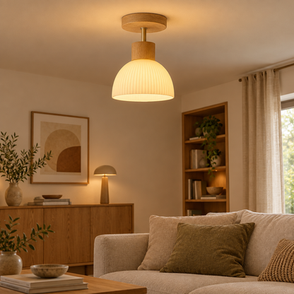 Ailse natural wood and glass ceiling lamp in a living room