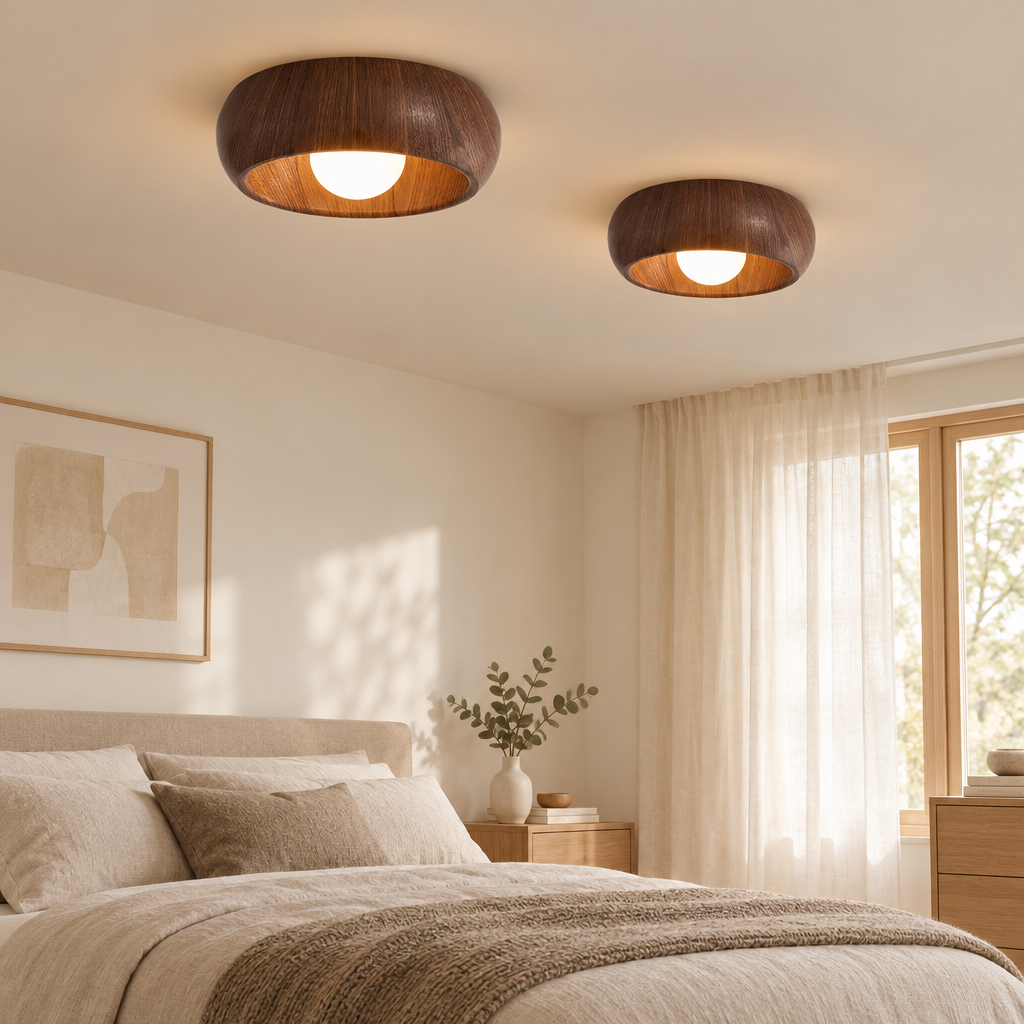Albanora wooden LED ceiling lamp in a Scandinavian bedroom