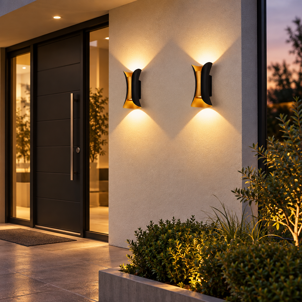 Black and gold waterproof up and down wall light at a patio