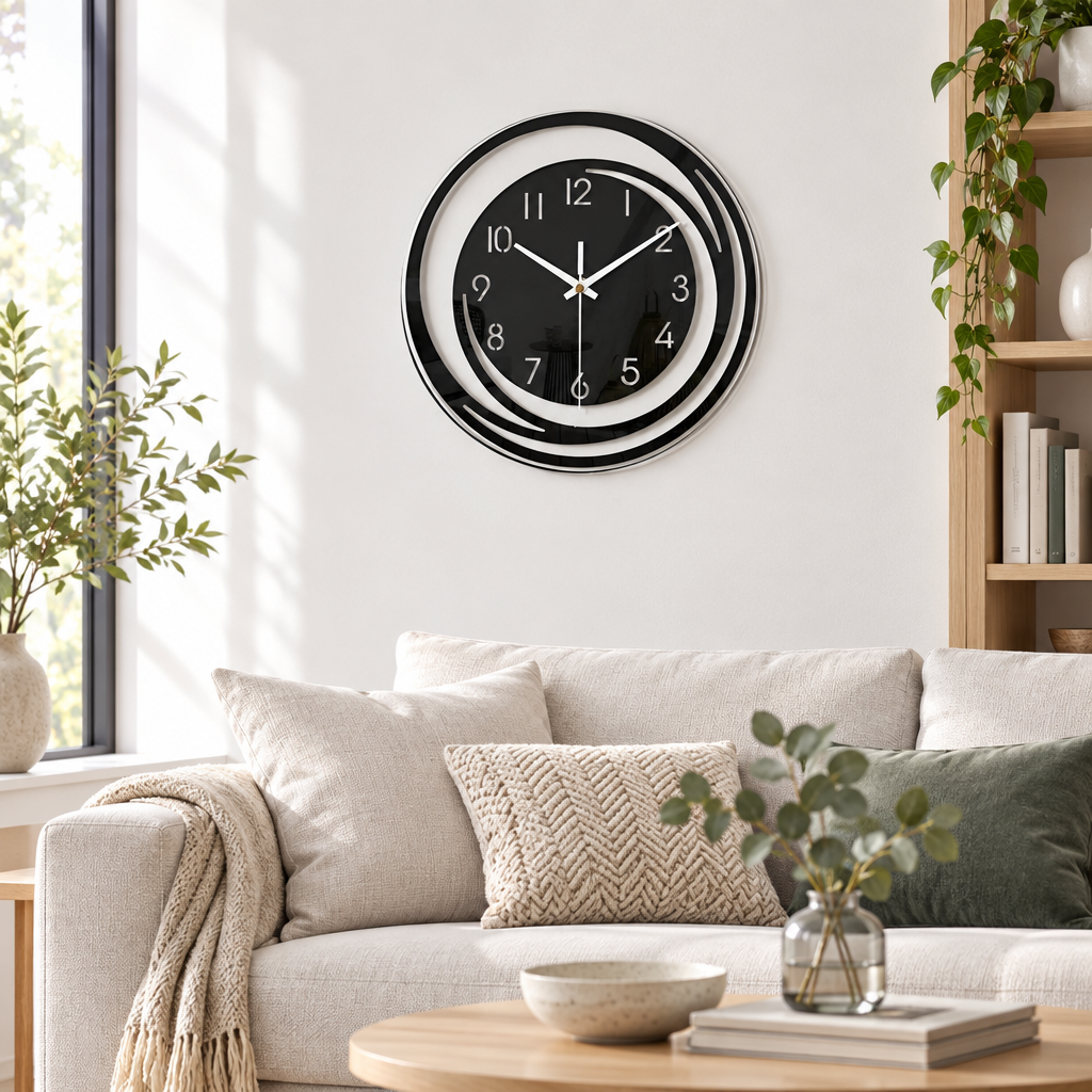 Sorana black acrylic wall clock in a living room