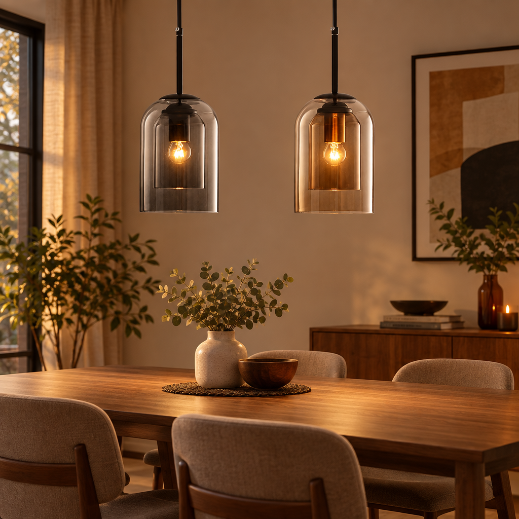 Mica mid-century double glass pendant lamp over a dining table