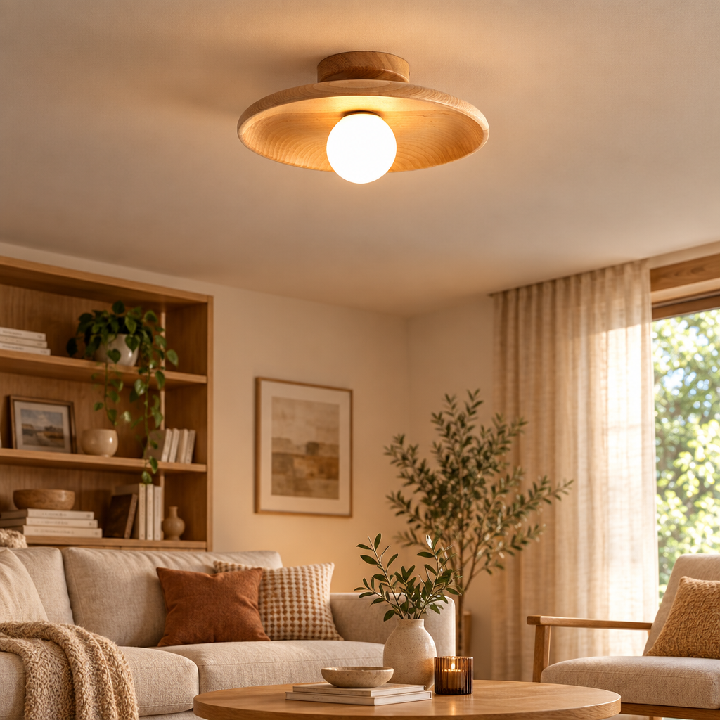 Modern wooden semi-flush ceiling light in a living room