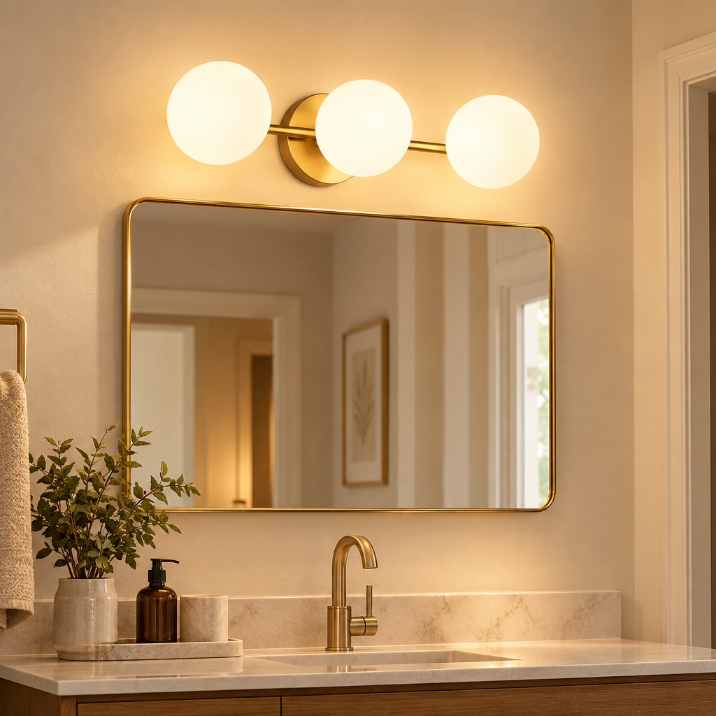 Triple glass globe wall light above a vanity