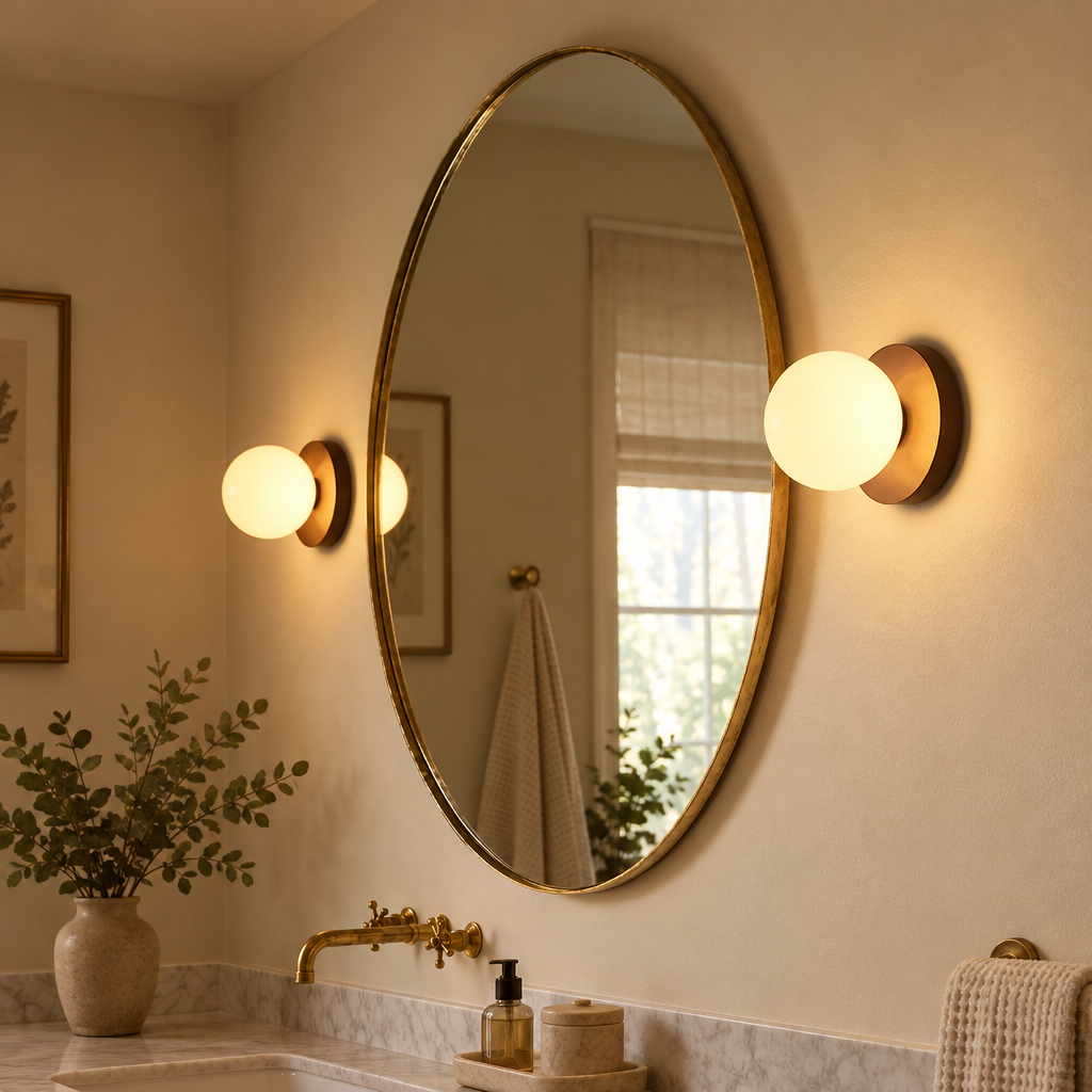 Nordic globe glass wall lamp beside a bathroom mirror