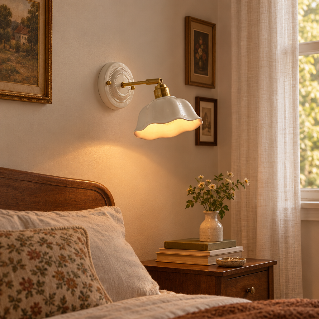 Nordic cream ceramic wall lamp in a bedroom