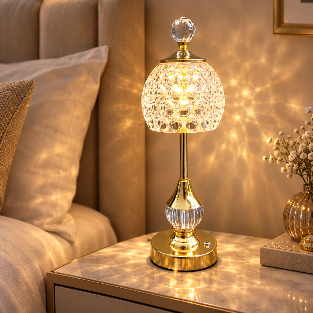 Crystal touch table lamp on a bedside table