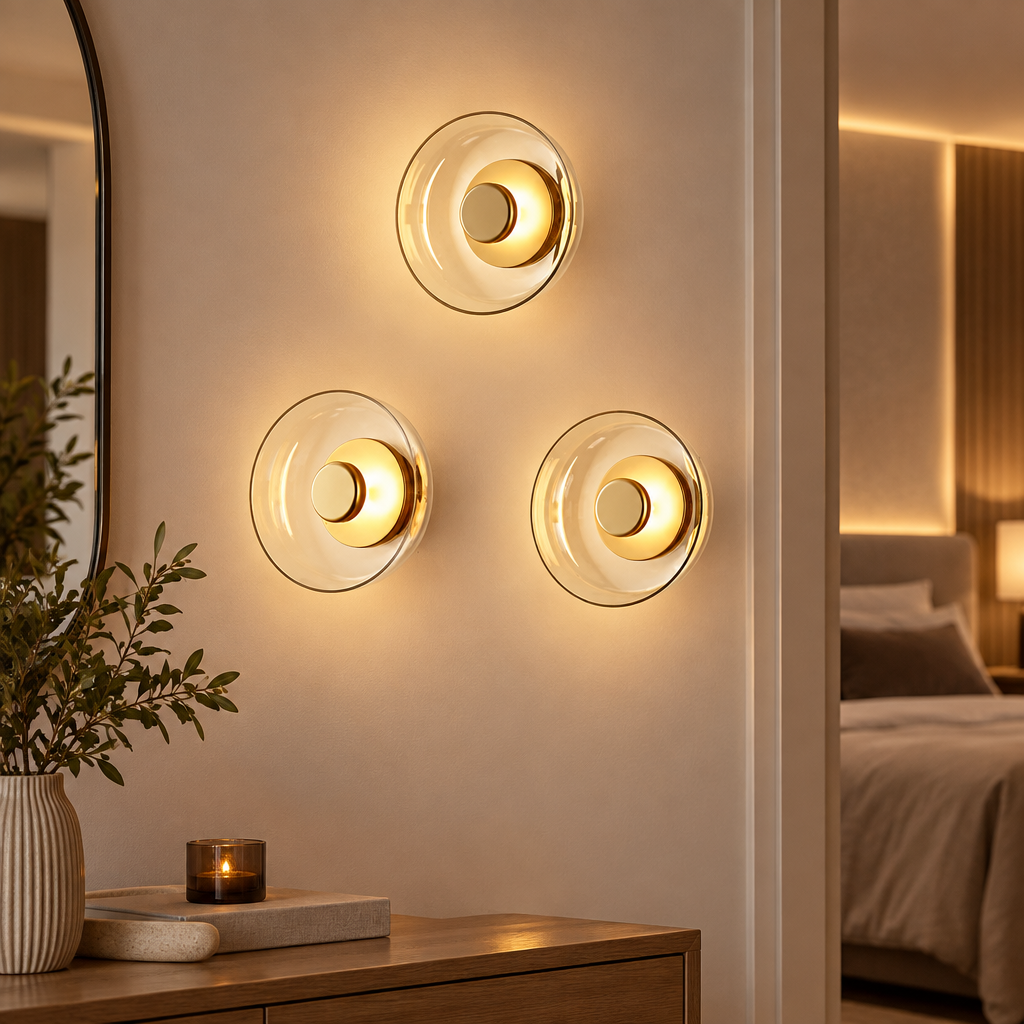 Nordic round glass LED wall sconce in a hallway