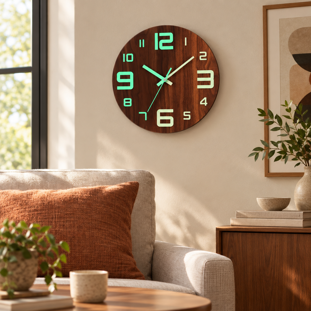 Walnut wooden wall clock in a living room