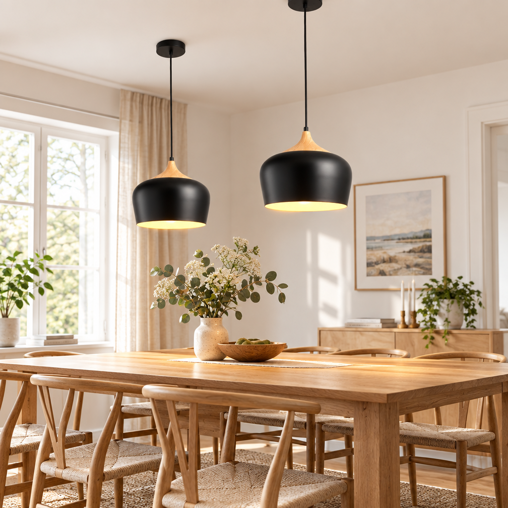 Scandinavian iron and wood grain pendant light over a dining table