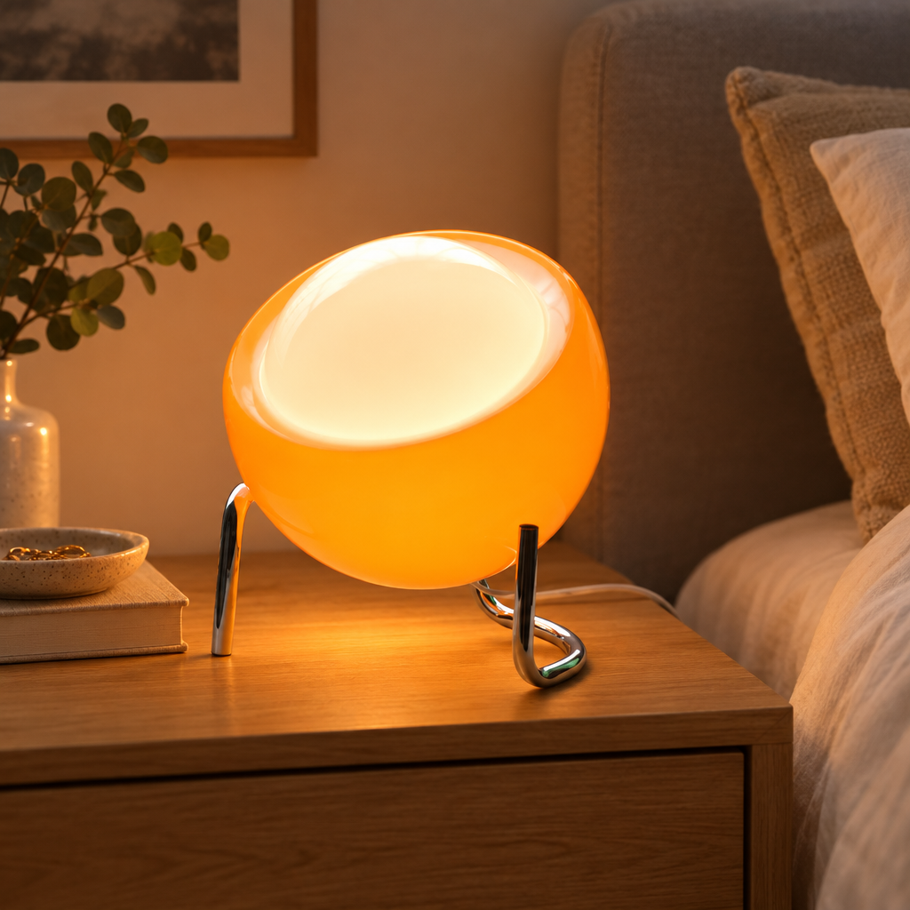 Retro Nordic Bauhaus glass table lamp on a bedside table