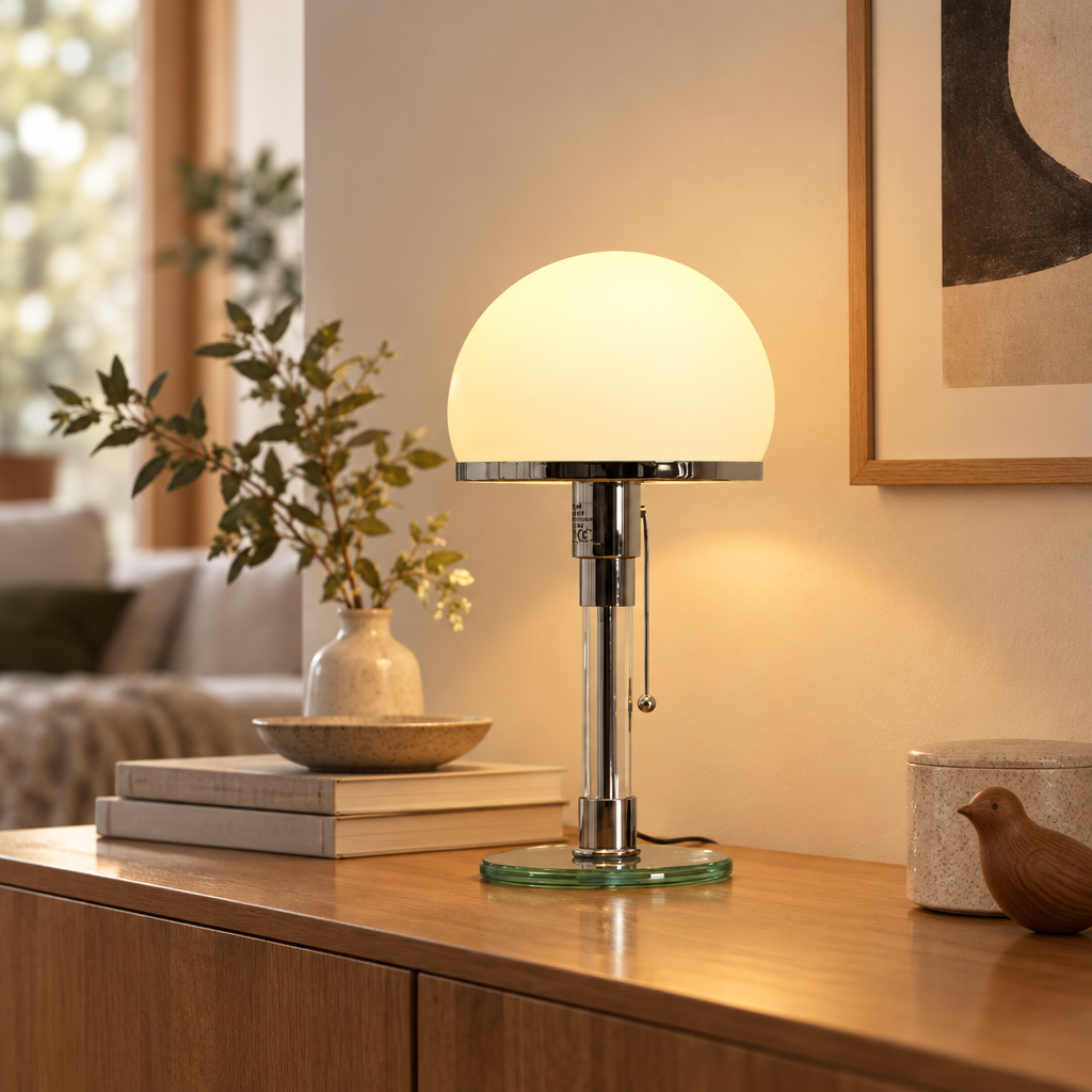 Wilhelm Bauhaus glass table lamp on a sideboard