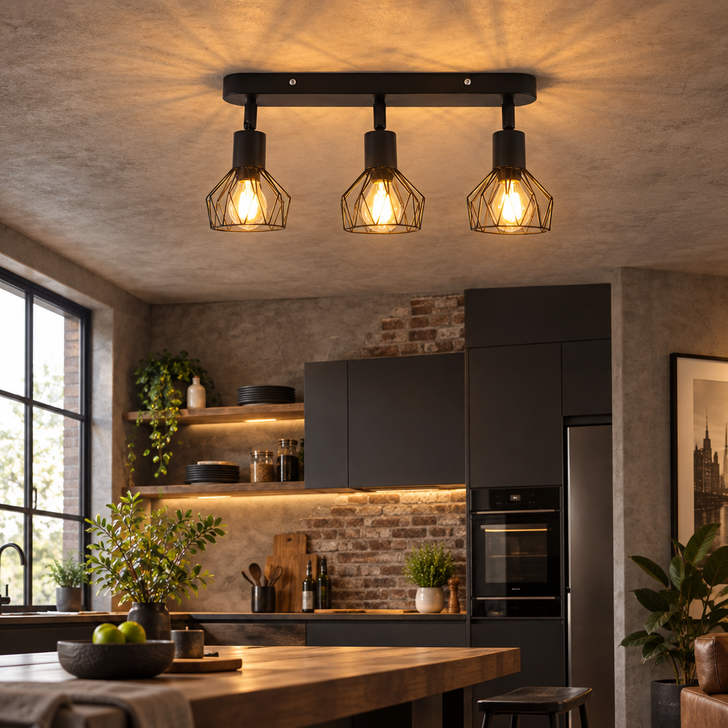 Vintage 3-light black ceiling spotlight in an industrial kitchen