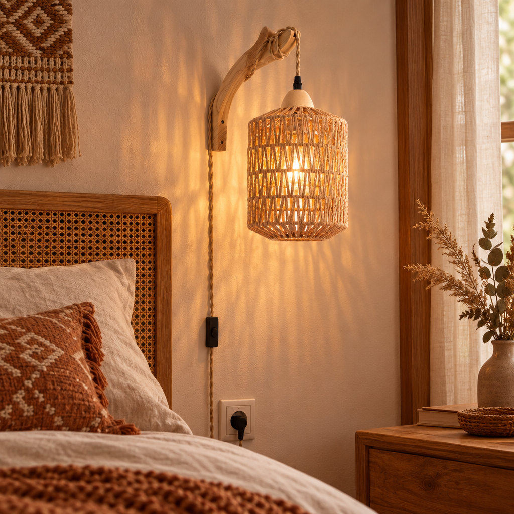 Boho wood and rattan wall lamp beside a bed