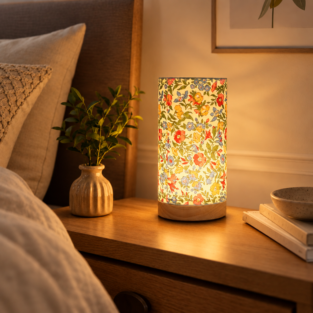Modern wooden USB table lamp on a bedside table