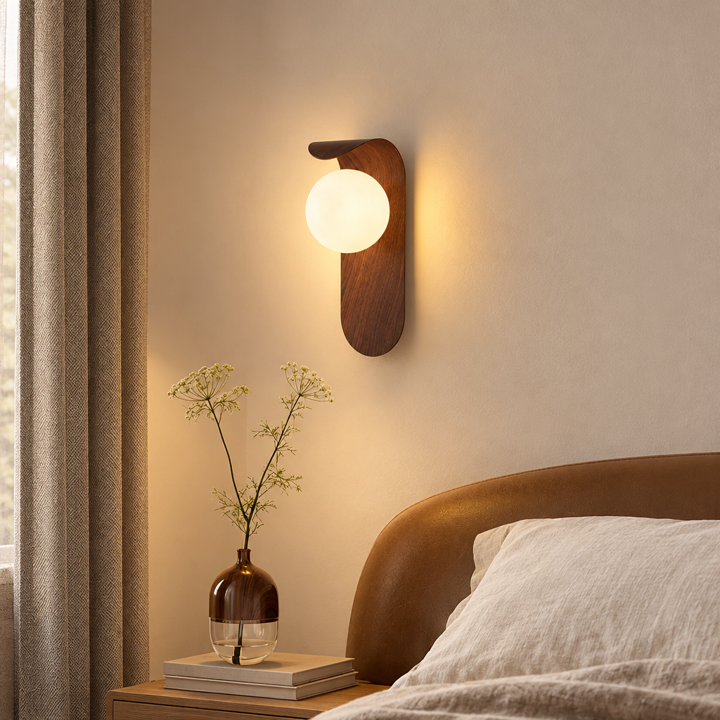 Icar Scandinavian wooden LED wall lamp in a bedroom