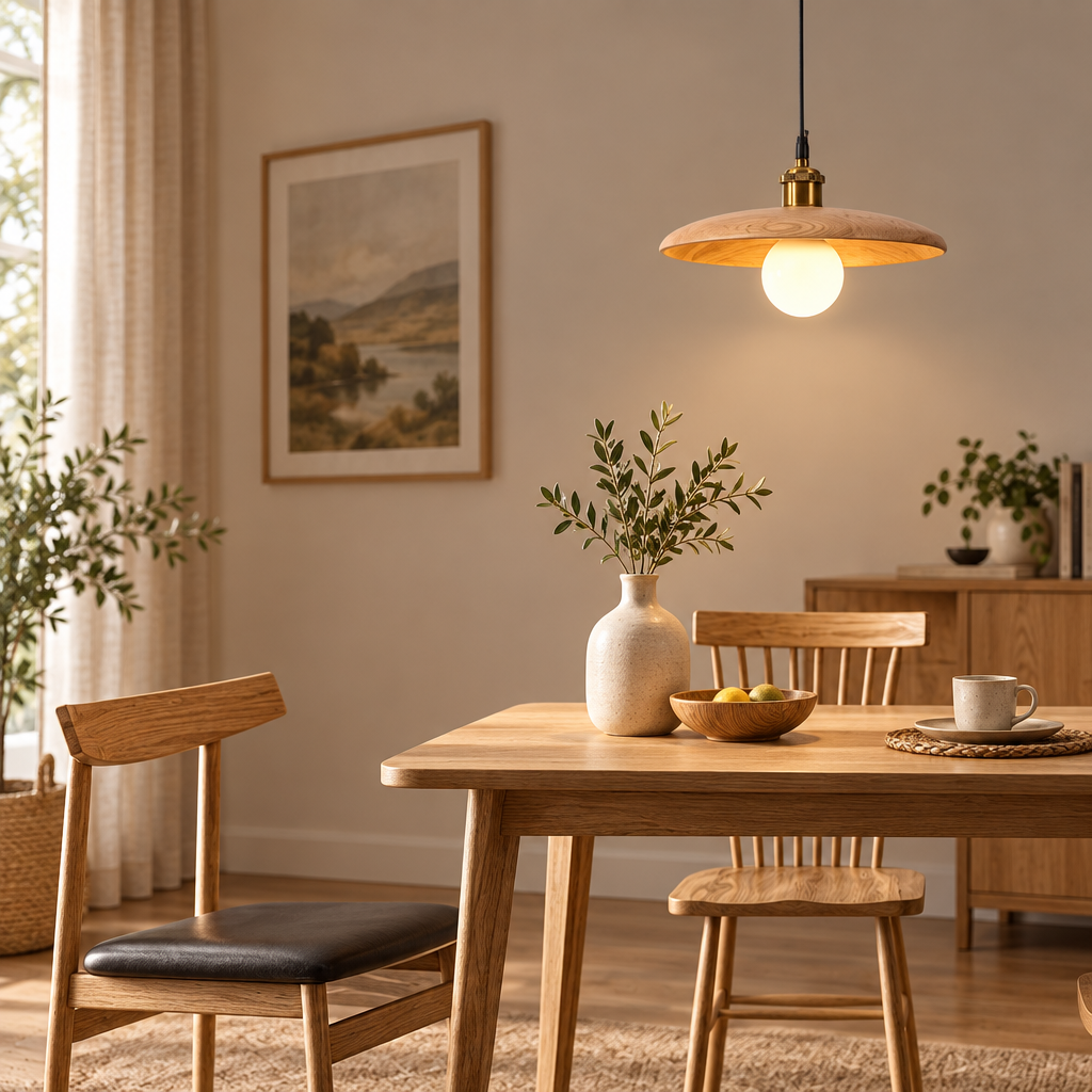 Modern Nordic solid wood pendant light over a dining table