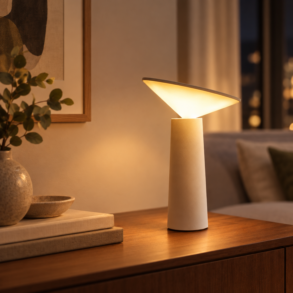 Aurora Libra dimmable table lamp glowing on a sideboard