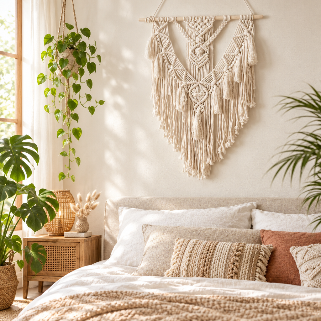 Bohemian macrame wall hanging above a bed