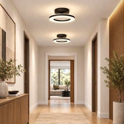 Acrylic round LED ceiling light in a modern hallway