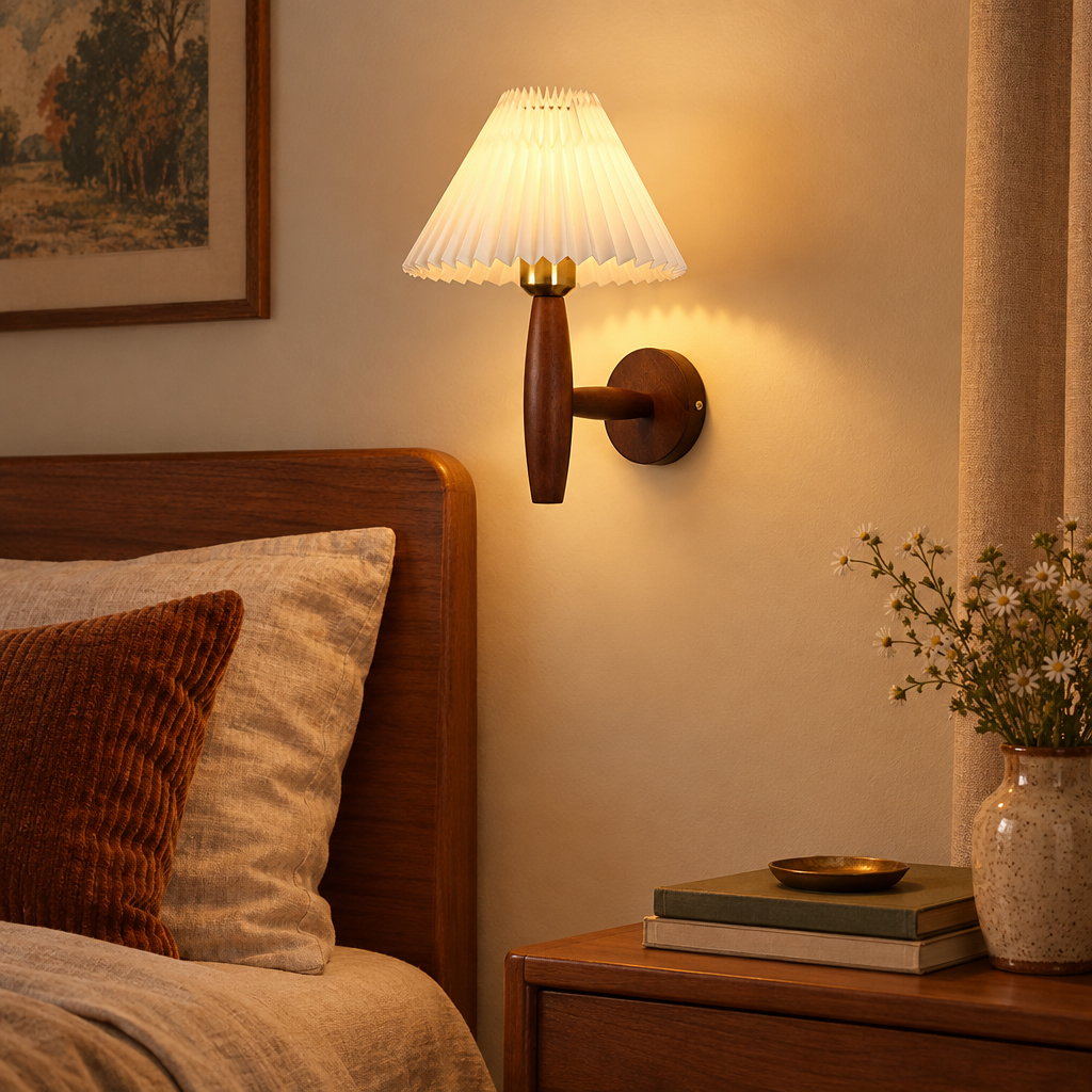 Nordic wooden wall sconce with pleated shade beside a bed