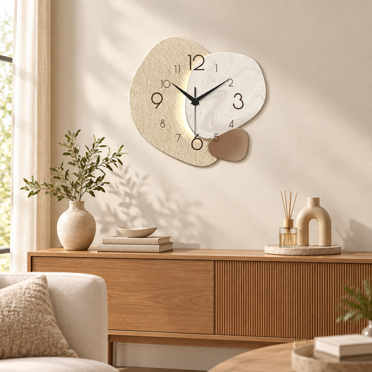 TempoStone modern wall clock hanging in a minimalist living room above a console table